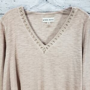 Knox Rose Brown V- Embellish Neck Line Long Sleeve Top Blouse Size XL